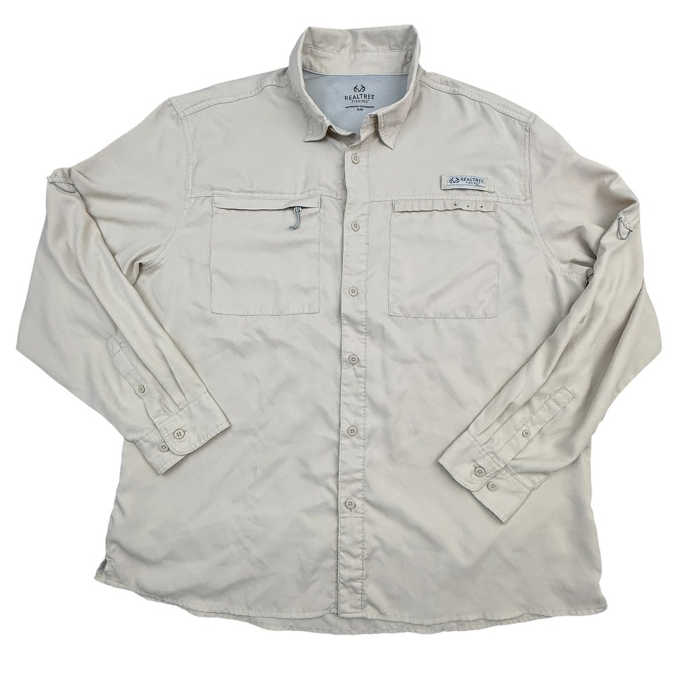 Realtree Fishing Shirt Mens Extra Large Beige Sahara Long Sleeve Vented Trail